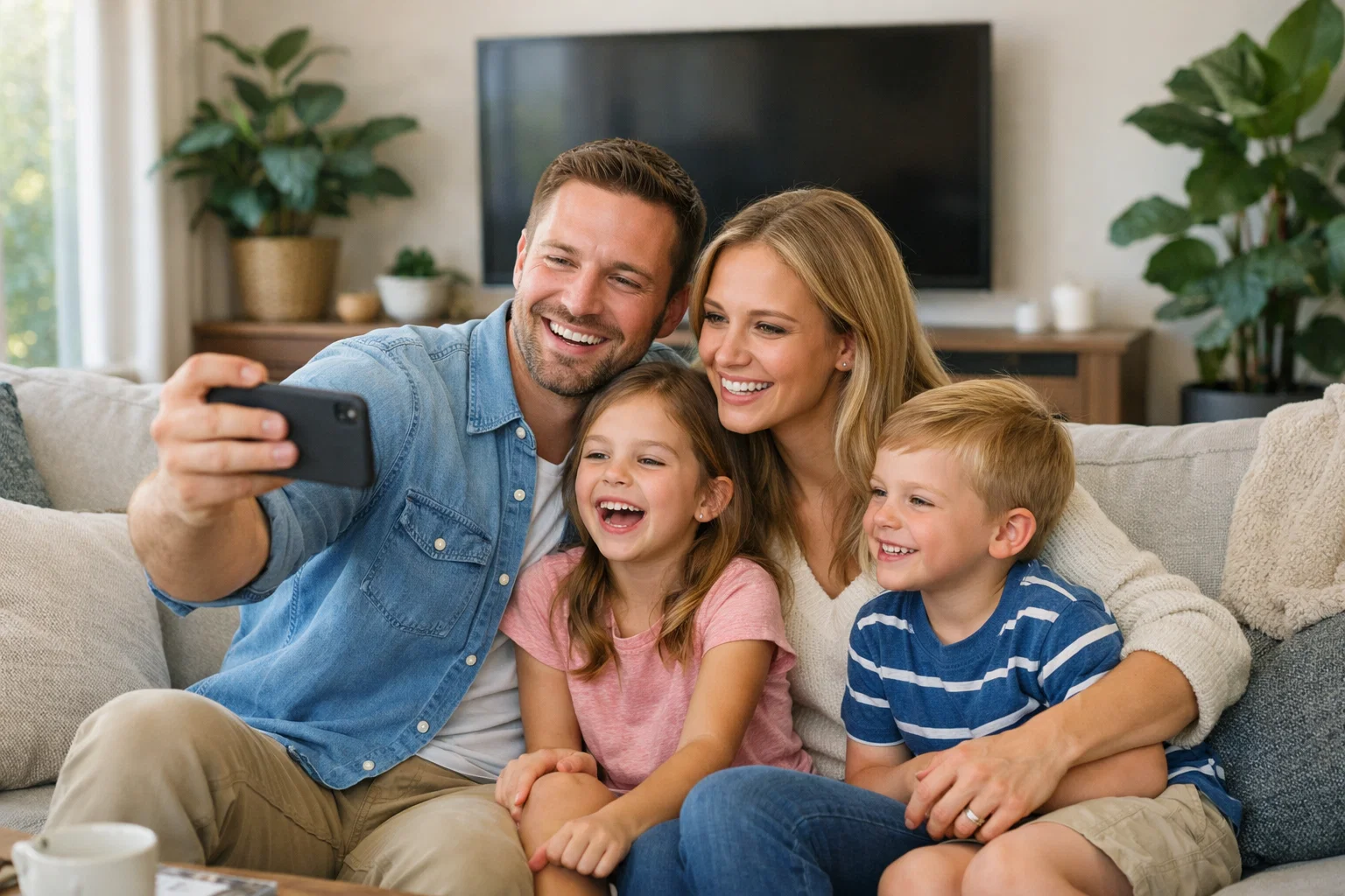 Family using free government smartphone together